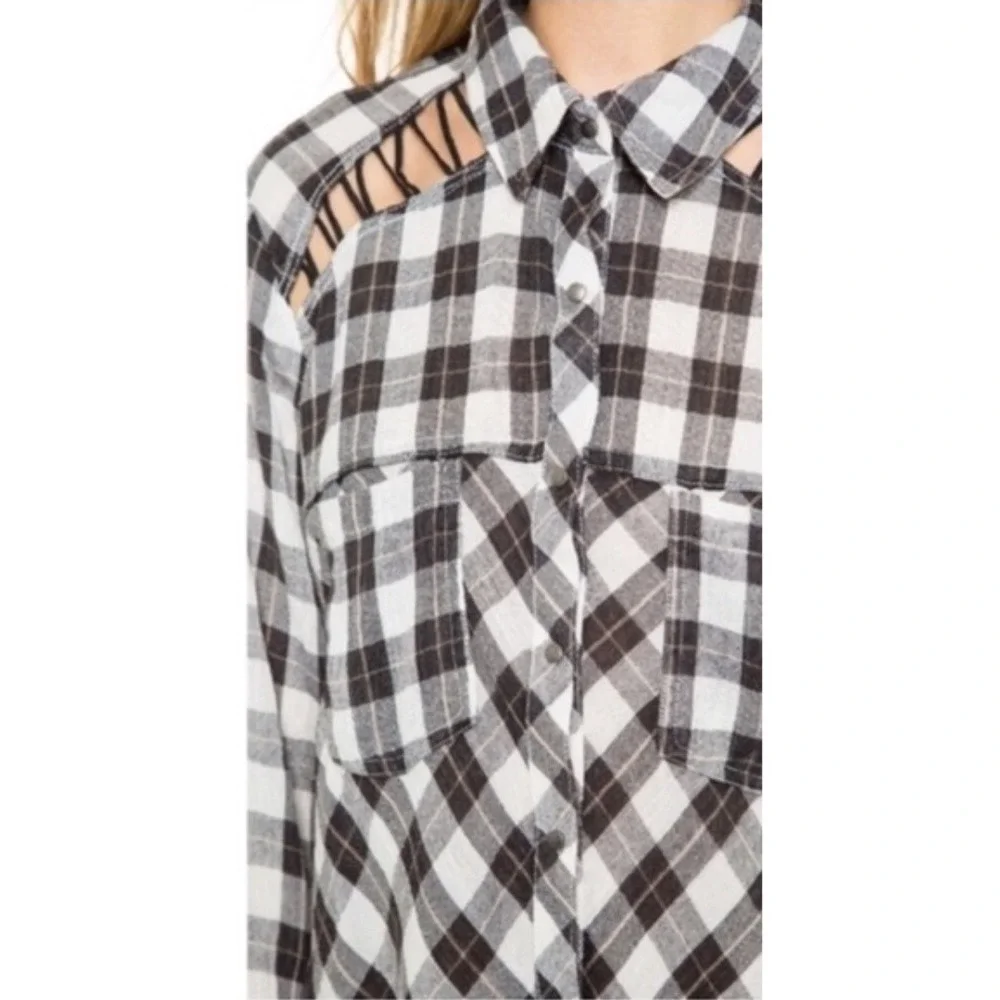 Free People Plaid Lace Up Shoulder‎ Snap Front High Low Shirt Black White Small